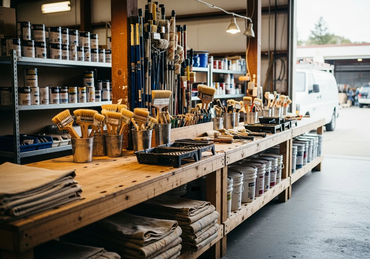 Professional painting crew with brushes, rollers, and equipment ready for interior and exterior work.