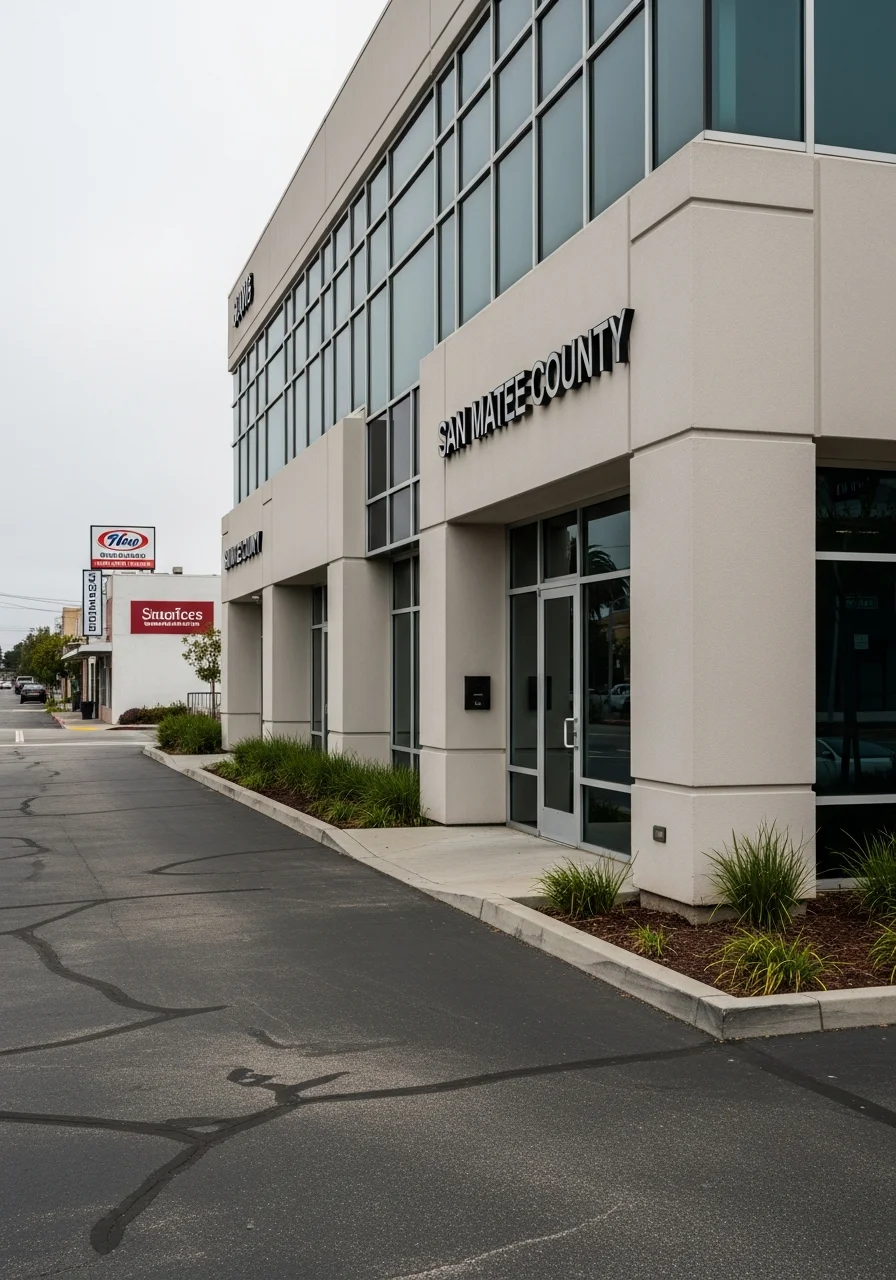 Modern commercial office building in San Mateo County with professional exterior finish