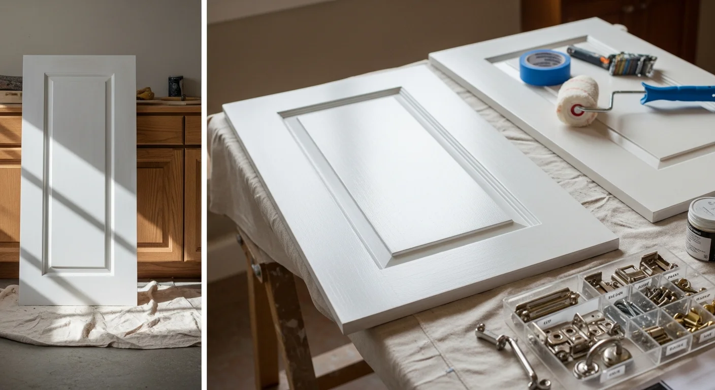 Freshly painted white kitchen cabinets with clean lines and smooth finish in a Marin County, CA home. Cabinet doors and drawer fronts show an even, brush-stroke-free coating after professional prep and painting by Deco Painting.