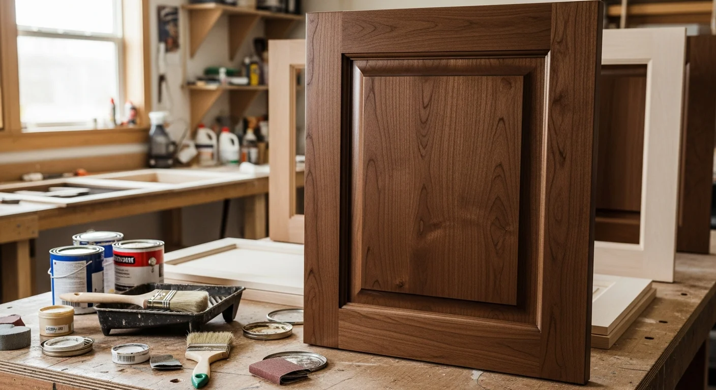 Freshly stained wood kitchen cabinets with an even, warm-toned finish in a Marin County home. Cabinet doors and frames show consistent grain detail after professional staining and topcoat application by Deco Painting.