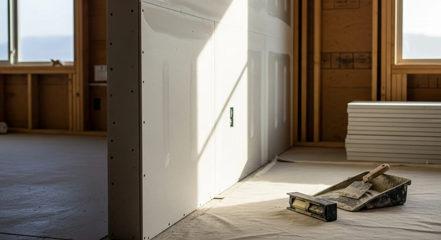 A freshly installed and taped drywall ceiling in a Marin County residential room, with smooth mud coats applied and walls ready for paint. Close-up view shows clean corner bead work and level seams typical of a professional drywall finish.
