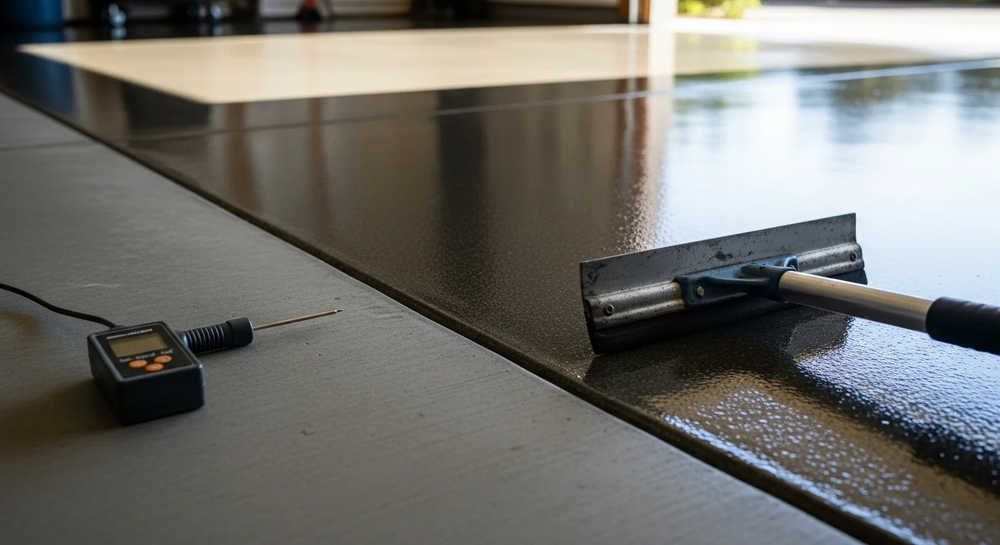 A freshly coated epoxy garage floor in a Marin County, CA home, showing a smooth, glossy surface free of stains or cracks. The coating covers the full slab from wall to wall with a clean, uniform finish.