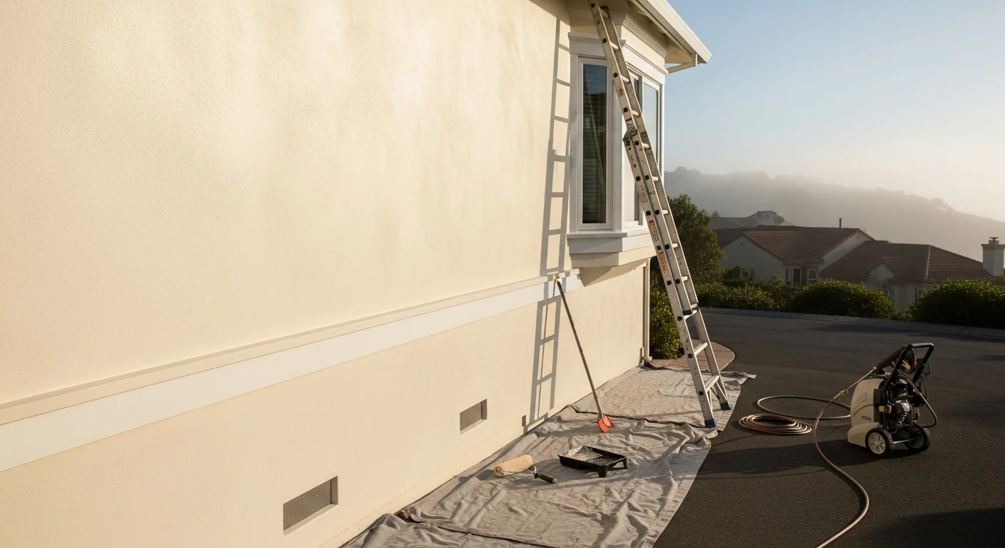 A freshly painted single-family home exterior in Marin County, CA, showing clean siding and trim in a coastal residential neighborhood. Interior room with smooth, evenly coated walls and painted trim completed by Deco Painting.