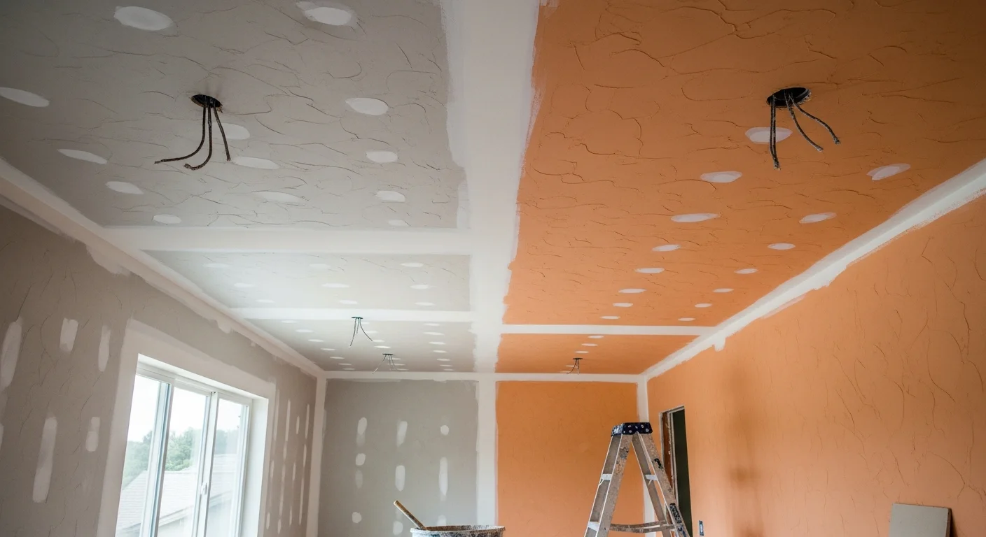 Close-up of a freshly applied knockdown drywall texture on an interior wall in a Marin County home, showing the flattened, irregular surface pattern ready for paint. A second panel shows orange peel texture on an adjacent ceiling section, with its fine, consistent bumpy finish visible under natural light.
