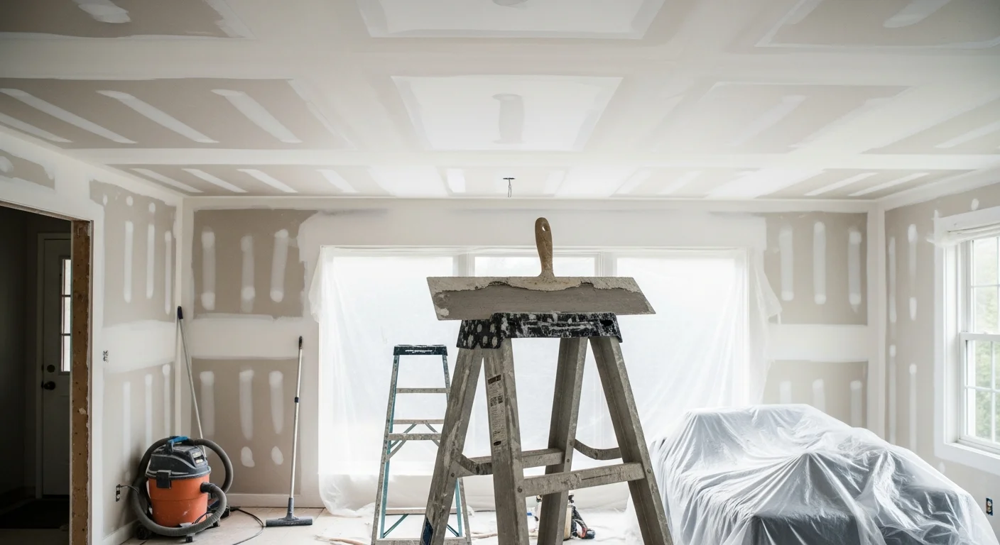 A smooth, freshly finished white ceiling in a single-family home in Marin County, CA, after popcorn texture removal by Deco Painting. The flat drywall surface is clean and ready for paint, with no visible texture or patching marks.