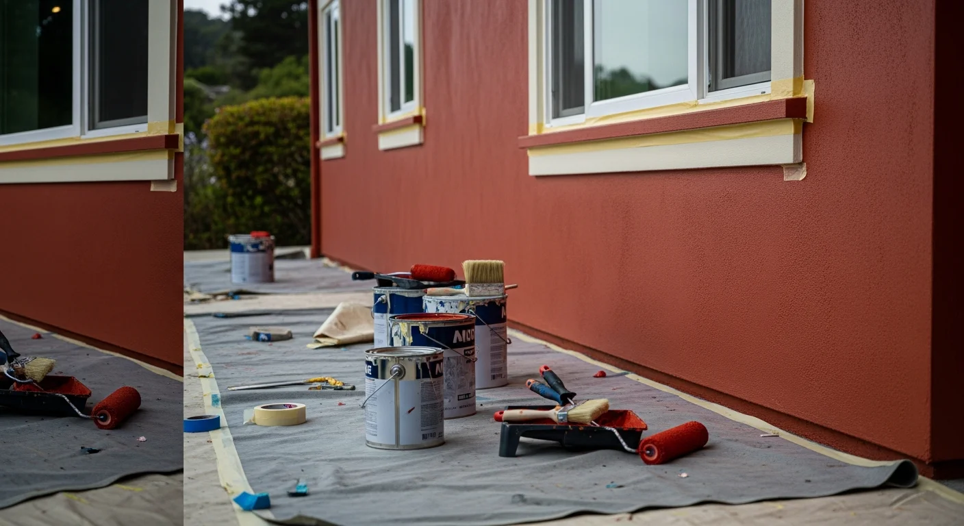 Freshly painted exterior of a wood-sided residential home in Marin County, CA, showing clean trim lines and a smooth finish on cedar siding. A commercial storefront in the background displays a newly applied coat on stucco surfaces.