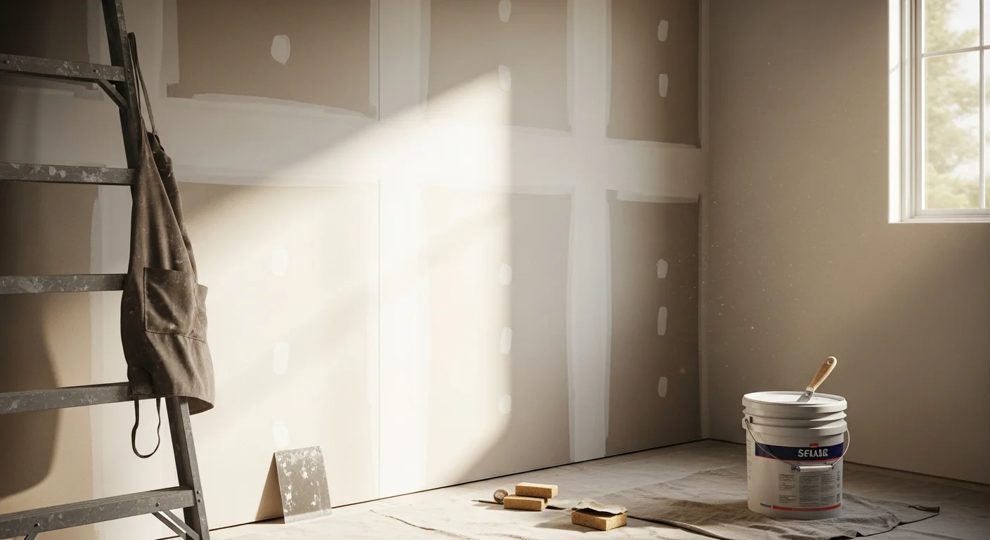 A freshly skin-coated interior wall in a Marin County, CA home showing a smooth, flat surface ready for primer and paint. A drywall trowel and joint compound pan rest near the baseboard after wall smudging work is complete.