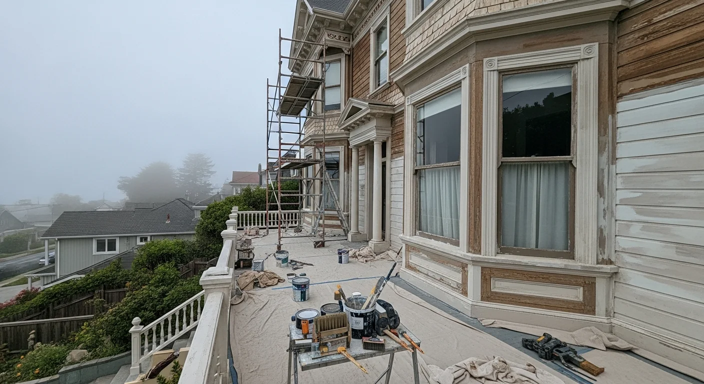 A restored Victorian house exterior in Marin County, CA, showing freshly painted decorative trim, bay windows, and multi-tone color palette applied by Deco Painting. Close detail of ornate porch millwork with clean paint lines against original wood siding.