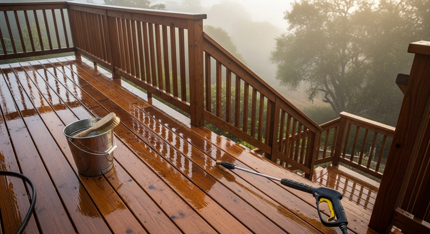 A wood deck in Marin County, CA after professional pressure washing, showing clean board surfaces with mold and weathering removed. The deck sits adjacent to a tree-lined residential yard typical of the area.
