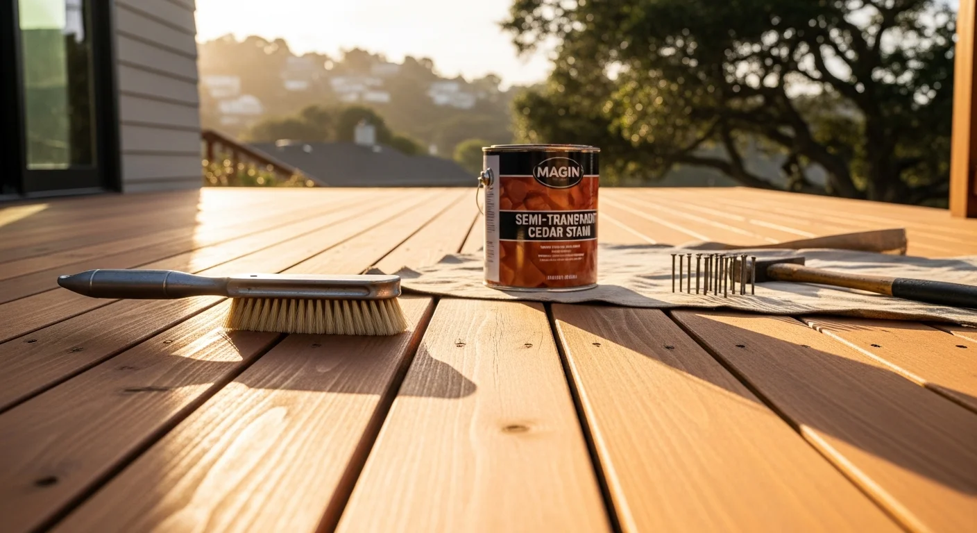 A freshly stained wood deck on a Marin County hillside home, showing even color across the boards, railings, and stairs after professional restoration. The deck surface is clean and smooth with no visible gray weathering or peeling stain.